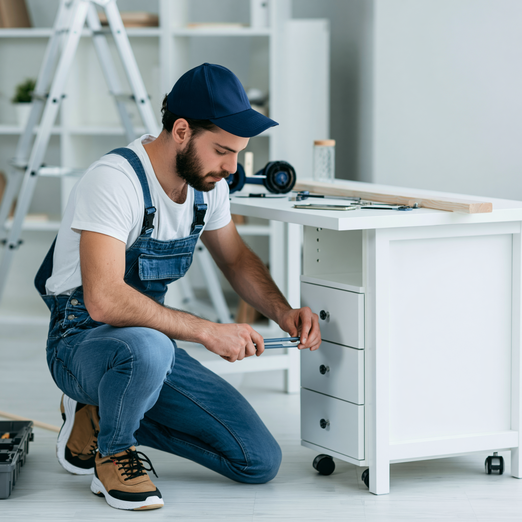 Professional furniture assembly technician working on office furniture installation.